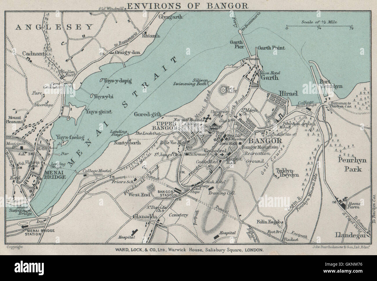 BANGOR vintage town/city plan. Menai Bridge. Wales. WARD LOCK, 1925 old