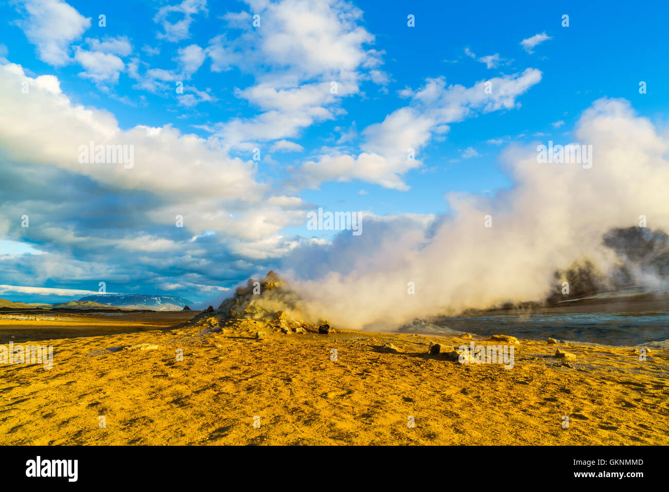 Steaming fumaroles at Hverir geothermal area in north Iceland Stock