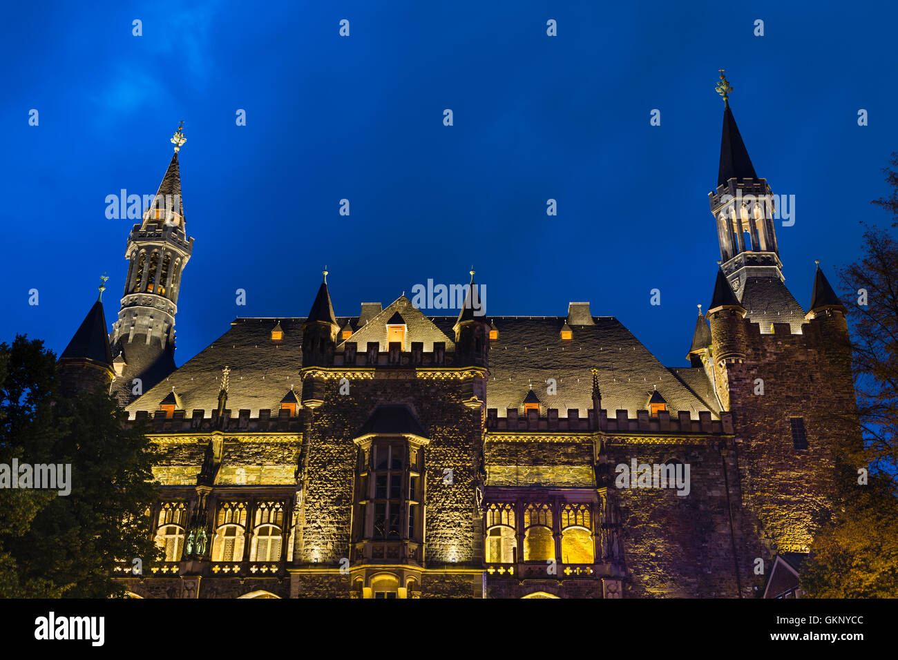 The old town hall of Aachen, Germany with night blue sky seen from the Katschhof. Stock Photo