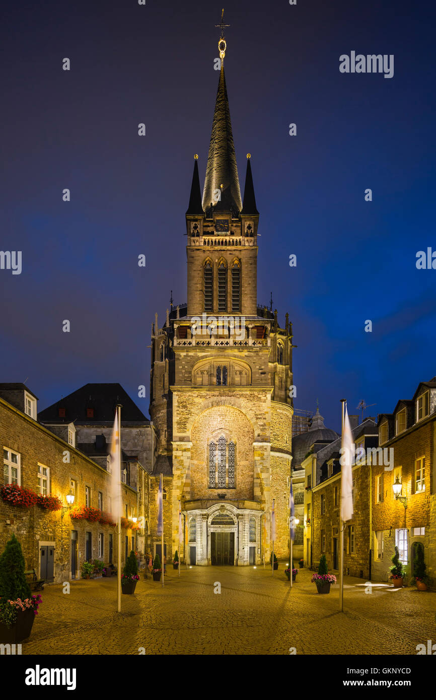 Western entrance and tower of famous cathedral of Aachen, Germany with