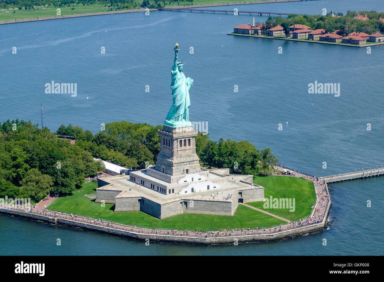 The statue of Liberty on Liberty Island as seen from a tour helicopter