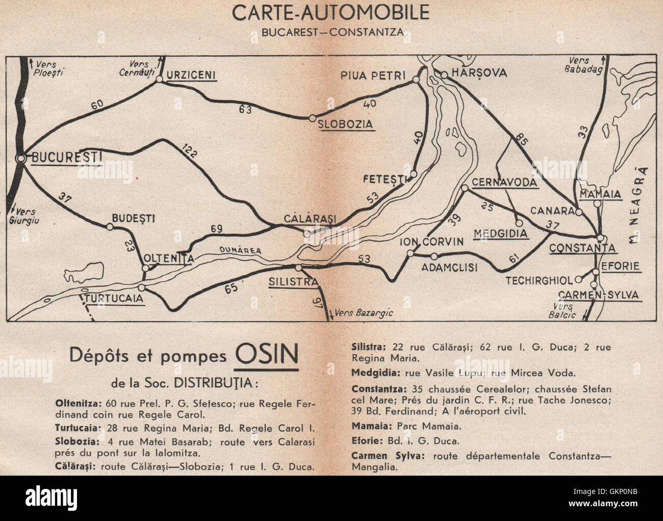 ROMANIA vintage road map. Bucarest-Oltenita-Harsova-Constanta, 1938 Stock  Photo - Alamy