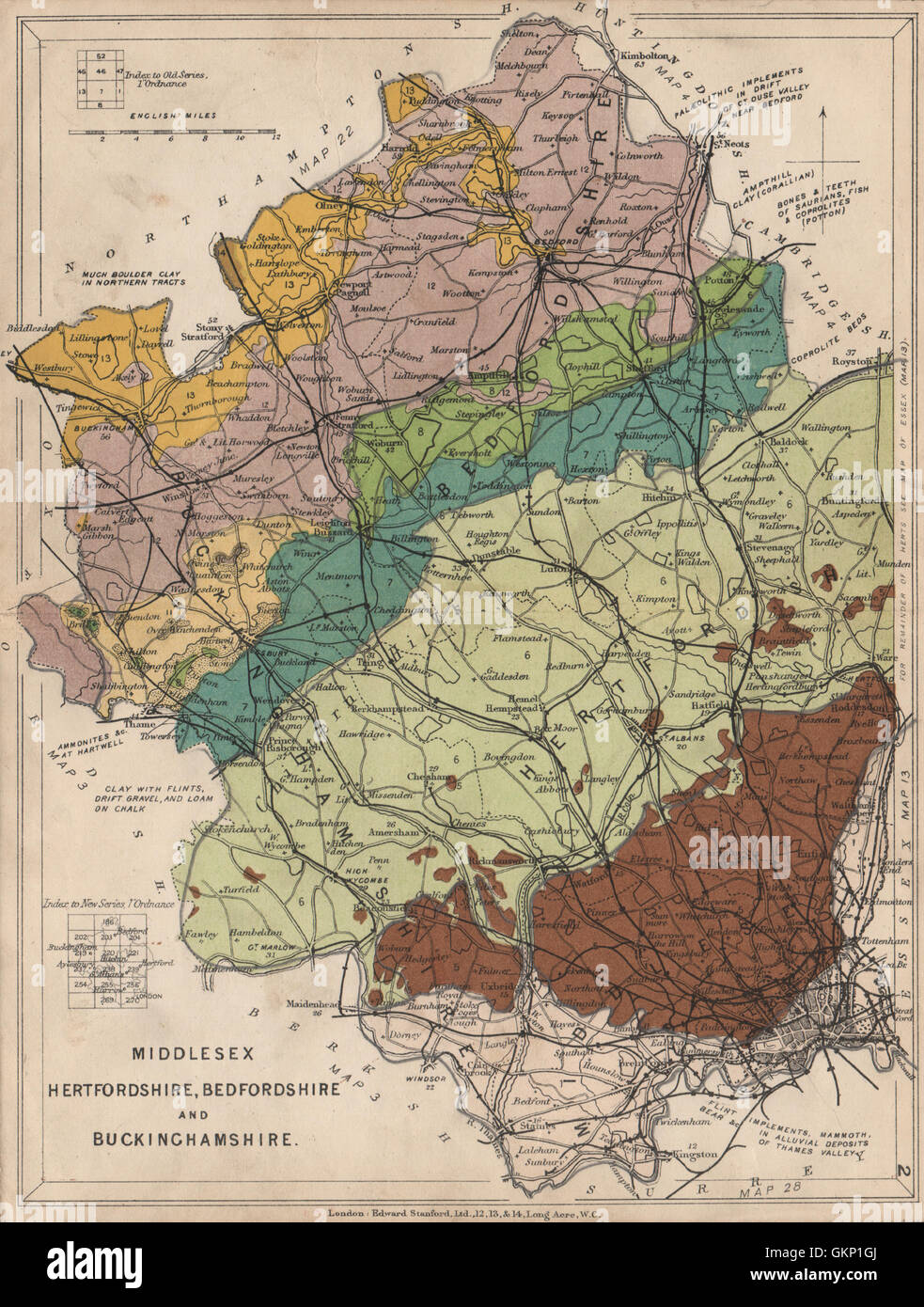 MIDDLESEX HERTFORDSHIRE BEDFORDSHIRE & BUCKS Geological. STANFORD, 1913 map Stock Photo Alamy