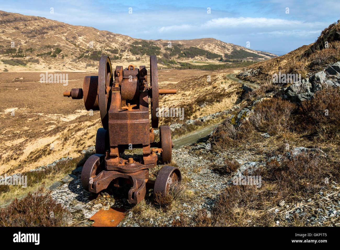 Vintage stone crusher (once used for road surfacing), Kinloch Glen, Isle of Rum, Inner Hebrides, Scotland, UK Stock Photo