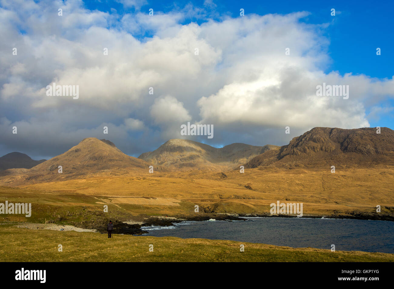 The Rum Cuillin hills over Harris Bay, Isle of Rum, Scotland, UK. Stock Photo