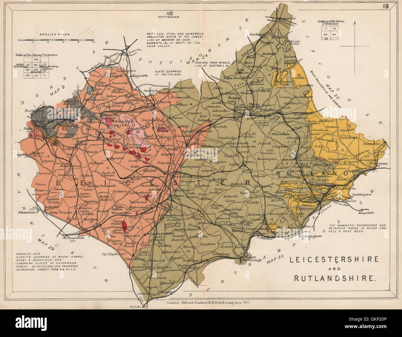 LEICESTERSHIRE AND RUTLANDSHIRE Geological map. STANFORD, 1913 Stock