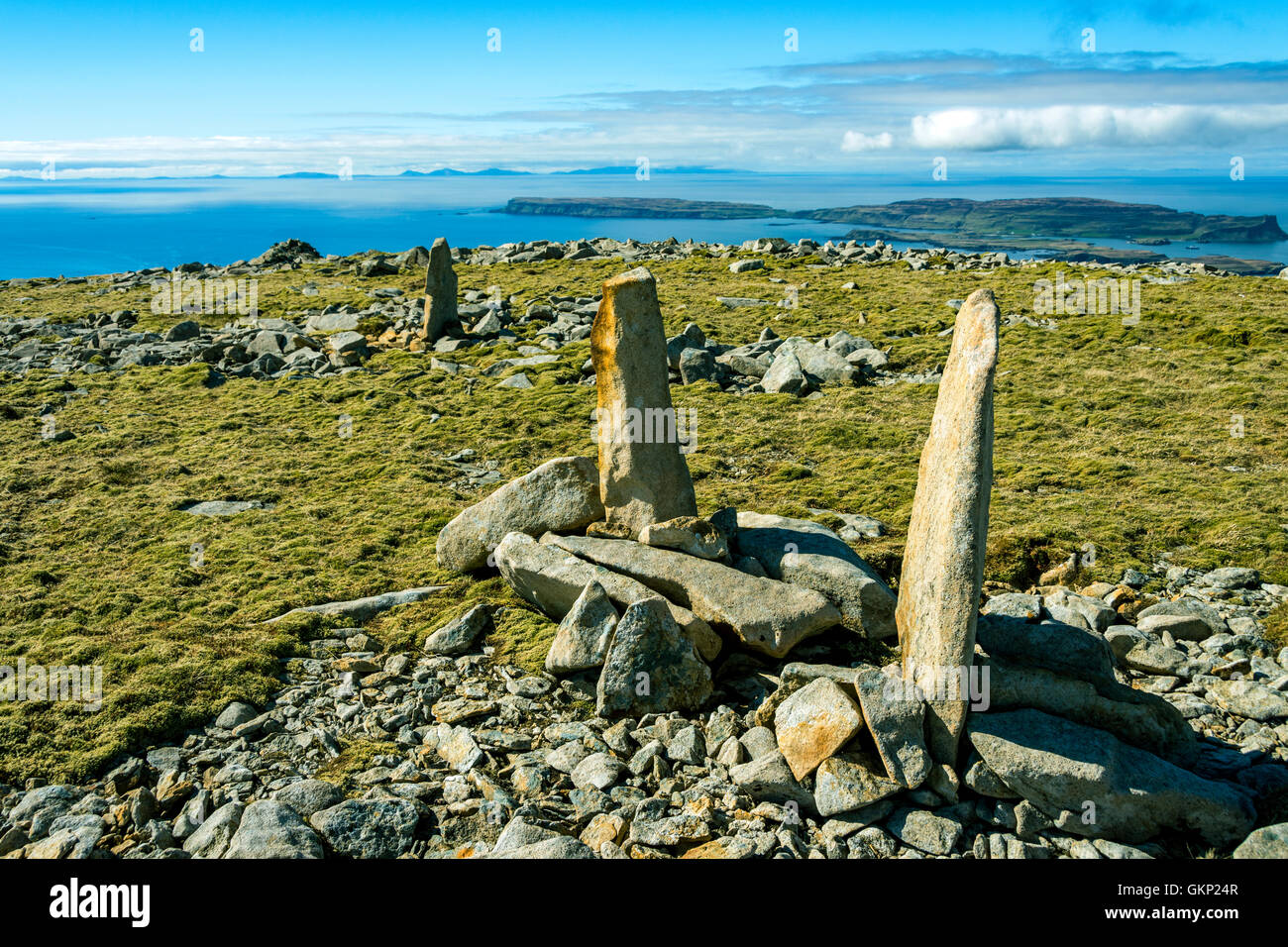 The island of Canna and the Western Isles from near the summit of Sròn an t-Saighdeir, Isle of Rum, Scotland, UK Stock Photo
