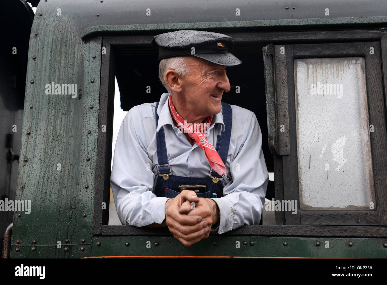 Train driver on steam locomotive for Severn Valley Railway uk Stock Photo