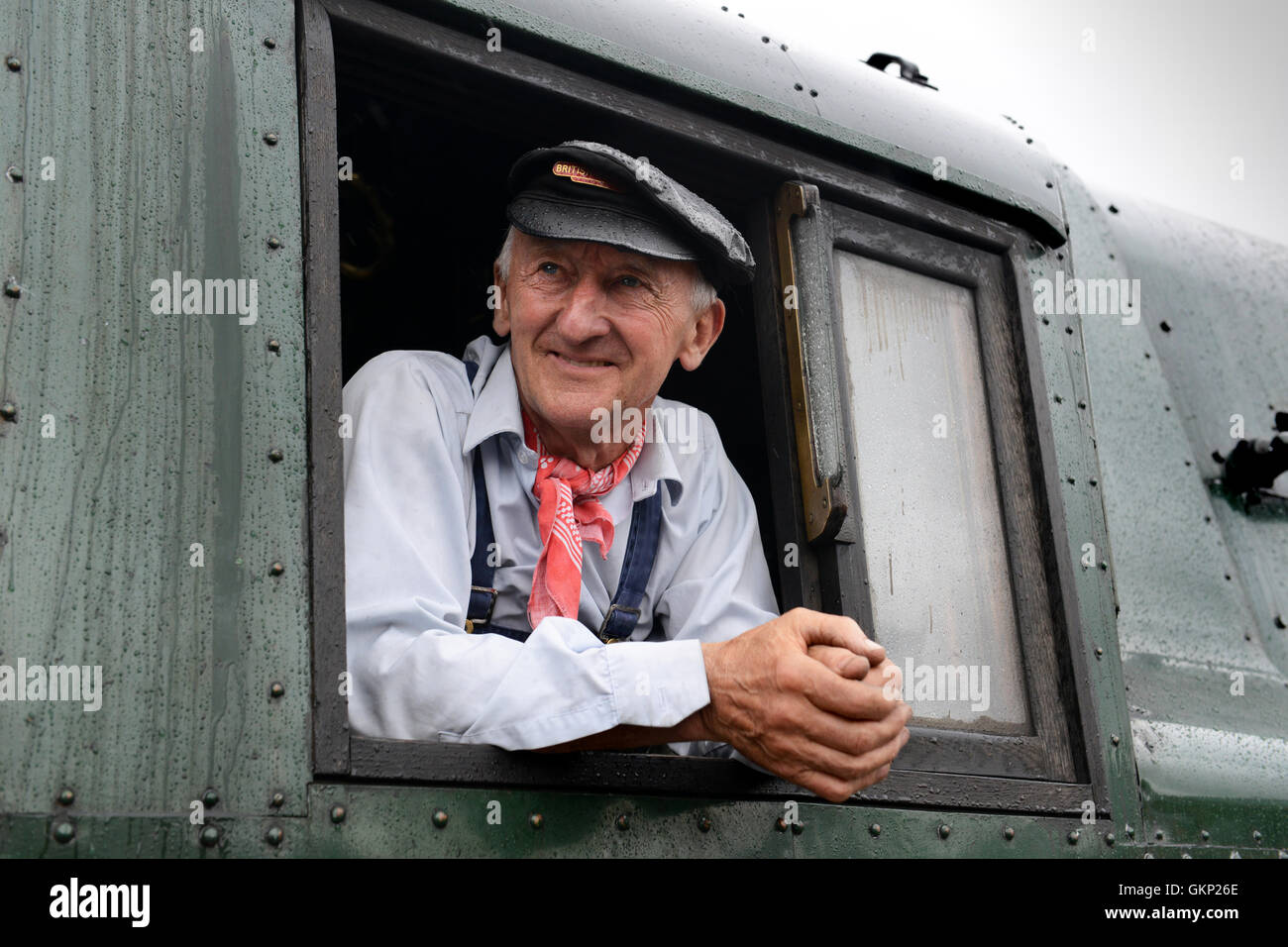 Train driver on steam locomotive for Severn Valley Railway uk Stock Photo