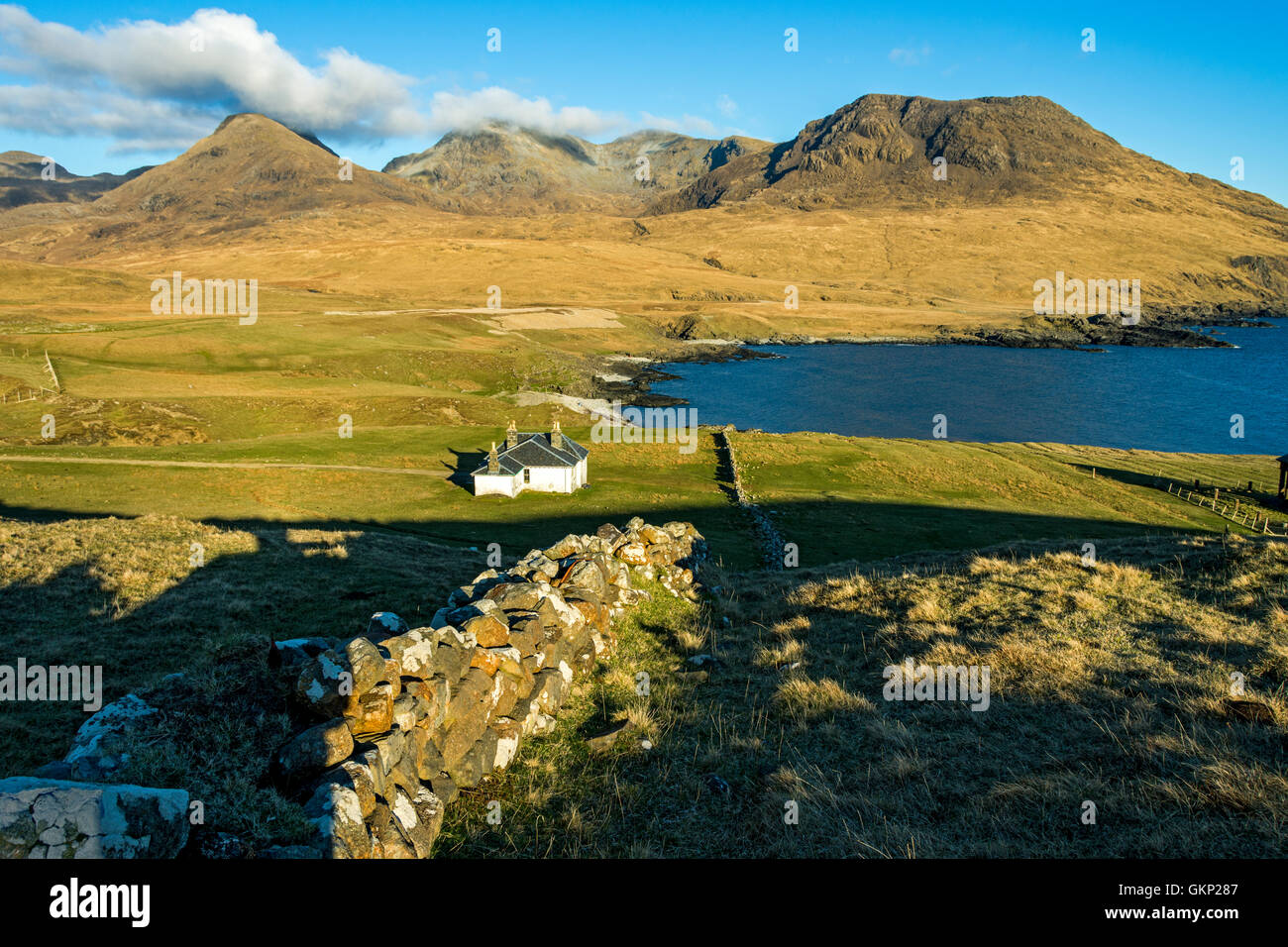 Harris Lodge and the Rum Cuillin hills from Harris Bay, Isle of Rum