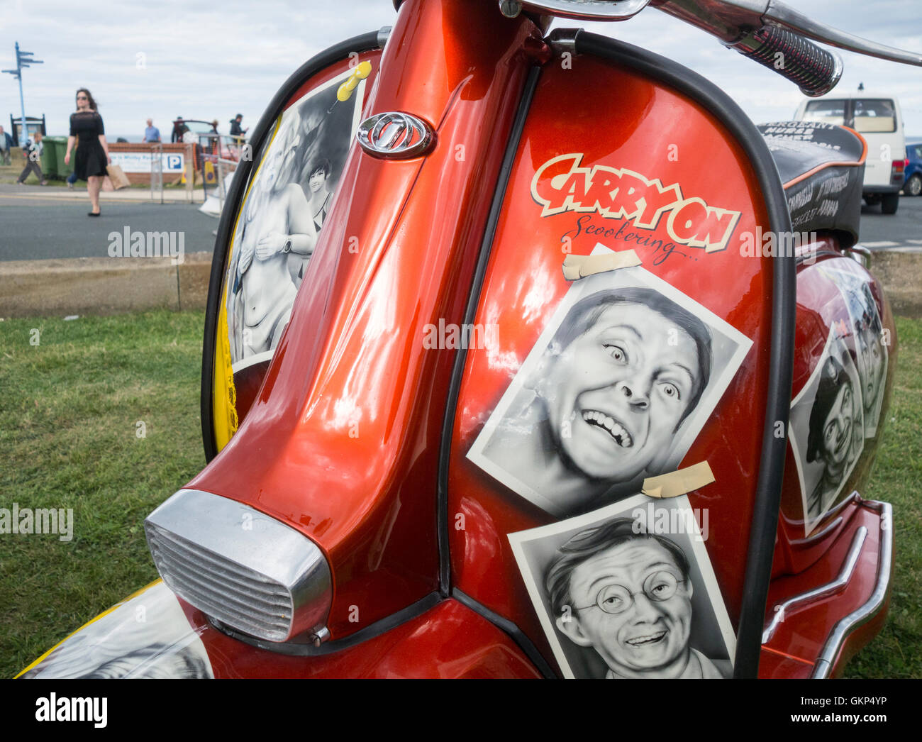 Whitby, North Yorkshire, England, UK, 21st August, 2016. Weather: Carry On themed Lambretta scooter at scooter rally at Whitby Regatta on a glorious Sunday on the North Yorkshire coast Stock Photo