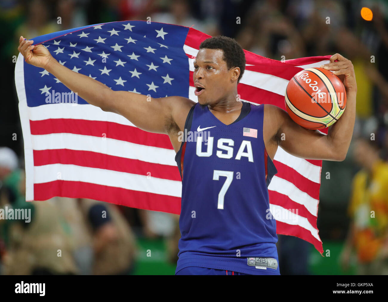 Rio de Janeiro, Brazil. 21st Aug, 2016. Kyle Lowry of the USA celebrates after defeating Serbia during the Basketball Men's Gold Medal Game during the Rio 2016 Olympic Games at the Carioca Arena 1 in the Olympic Park in Rio de Janeiro, Brazil, 21 August 2016. Photo: Friso Gentsch/dpa/Alamy Live News Stock Photo