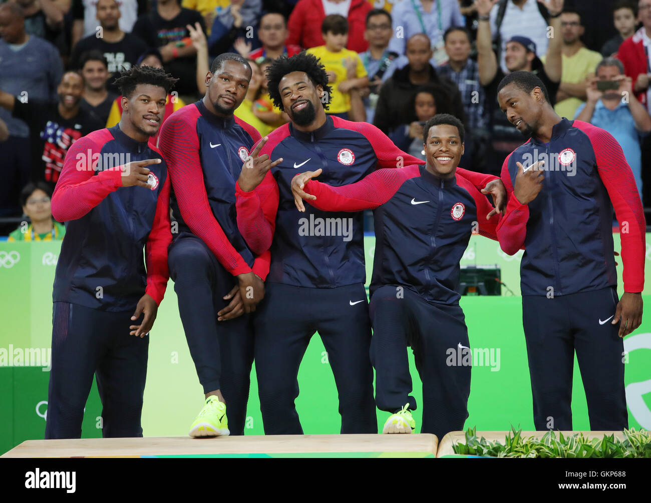 Rio De Janeiro Brazil 21st Aug 16 The Basketball Team Of The Usa Takes Part In The Medal Ceremony After Defeating Serbia During The Basketball Men S Gold Medal Game During The Rio