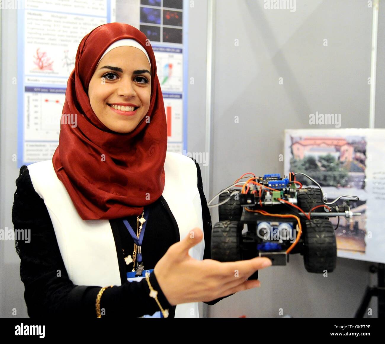 Damascus, Syria. 21st Aug, 2016. A young Syrian inventor shows a remote