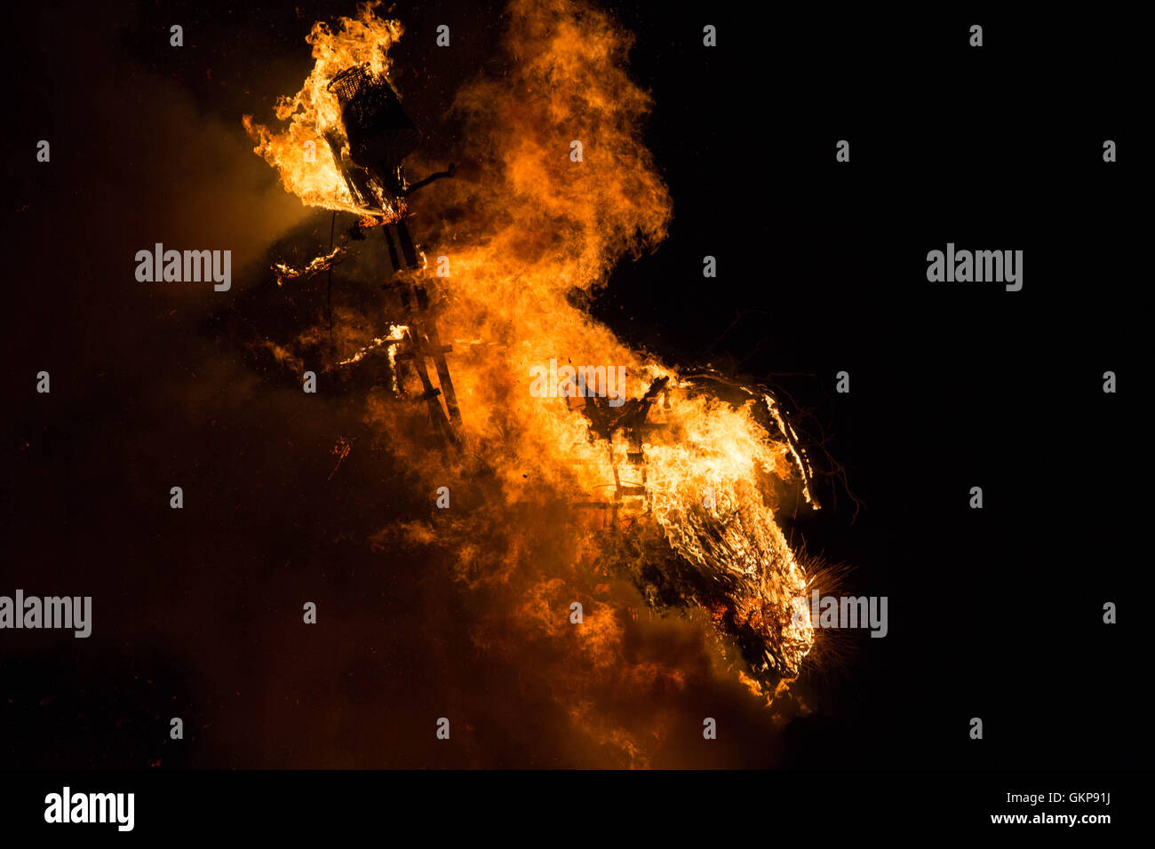 Brecon, Wales, UK, August 21 2016. The final day of the Green Man Festival 2016 at the Glanusk Estate in Brecon, Wales. Pictured: The festival ends as always with the ceremonial burning of the wicker Green Man. Picture: Rob Watkins/Alamy Live News Stock Photo