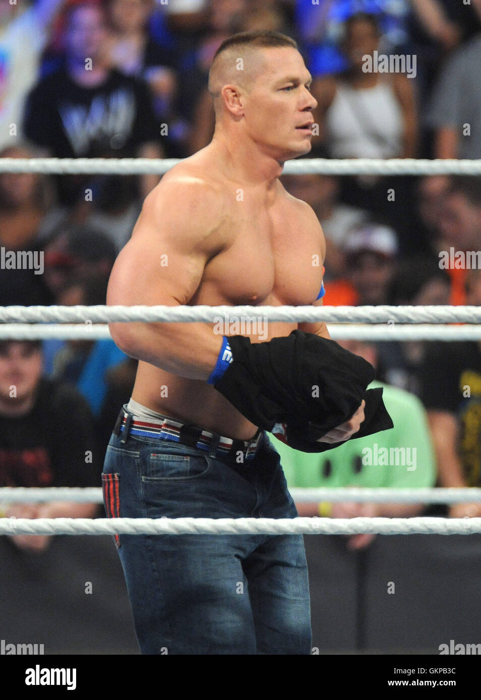 New York, USA. 21st August, 2016. Actor and wrestler John Cena battled AJ Styles  at  WWE SummerSlam 2016 at the Barclays Center on August 21 , 2016 in Brooklyn, New York.  Photo Credit: John Palmer/ MediaPunch Credit:  MediaPunch Inc/Alamy Live News Stock Photo