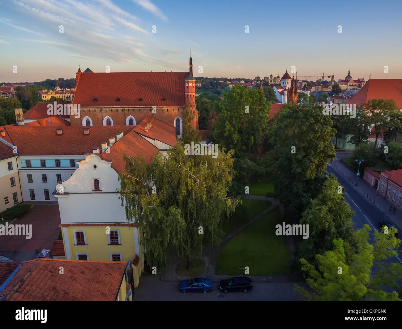 AERIAL. Old Town in Vilnius, Lithuania Stock Photo