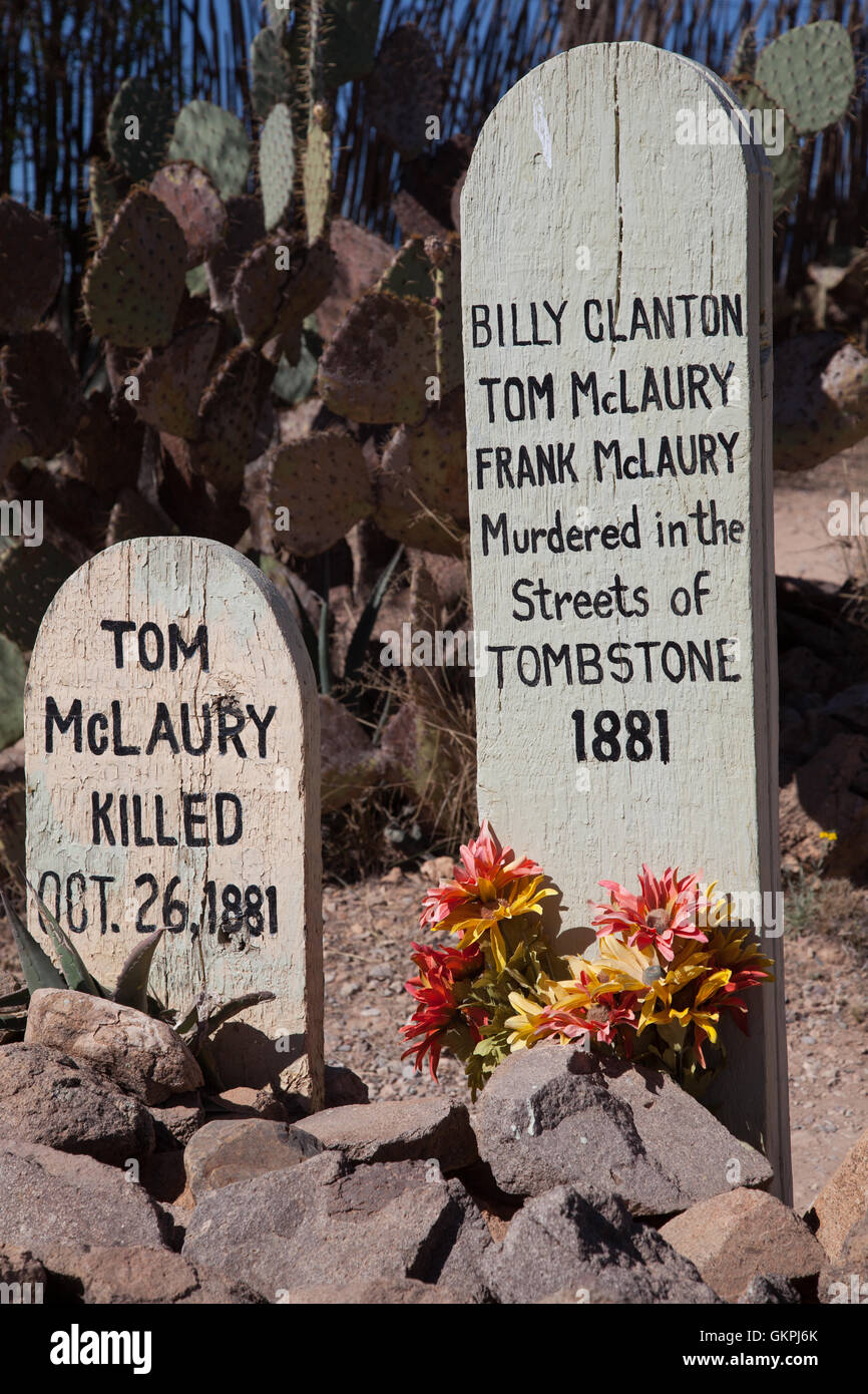 The grave markers of Tom McLaury and Billy Clayton murdered on the streets of in 1881. Stock Photo