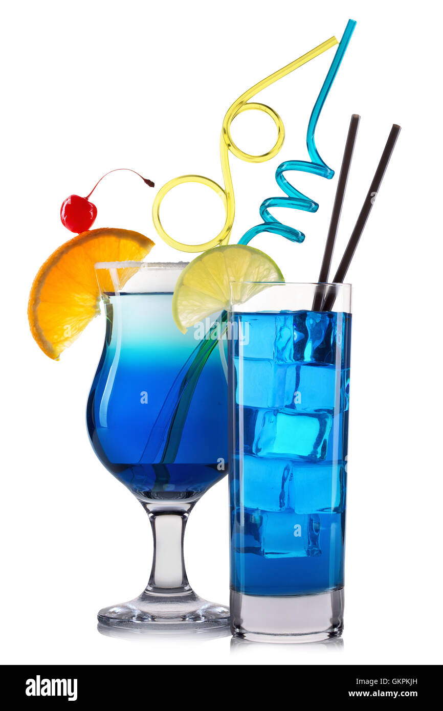 Blue cocktails with fruits isolated on white Stock Photo