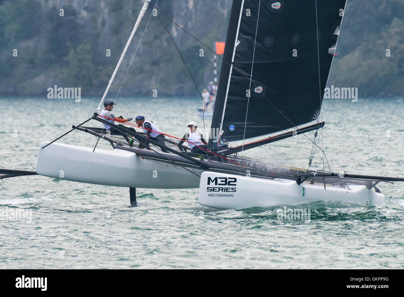 RIVA DEL GARDA, ITALY - AUGUST 19: first day of competition for M32 series mediterranean, a sailing fast catamaran competition o Stock Photo