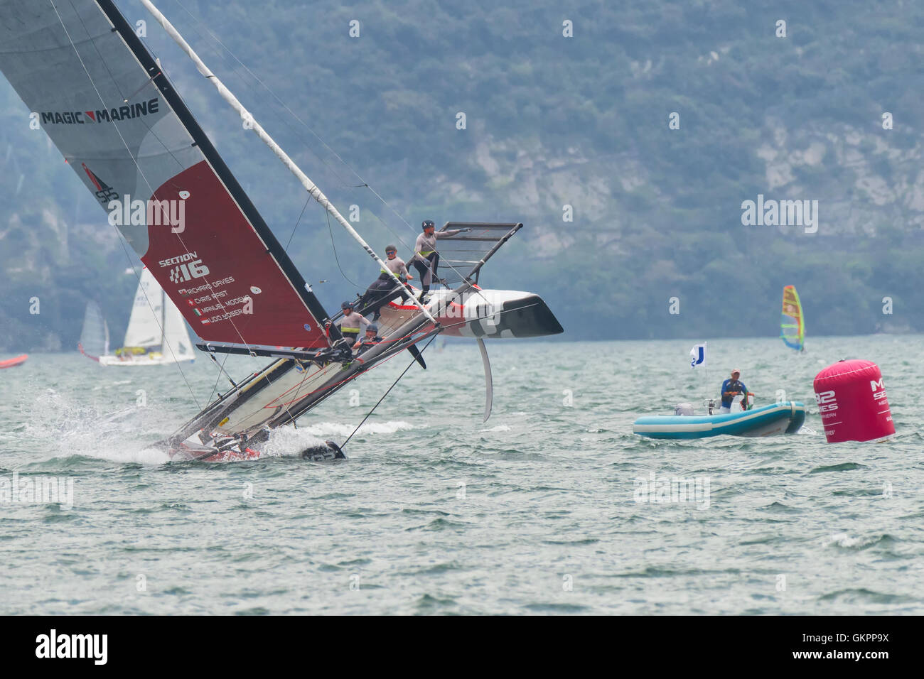 RIVA DEL GARDA, ITALY - AUGUST 19: first day of competition for M32 series mediterranean, a sailing fast catamaran competition o Stock Photo