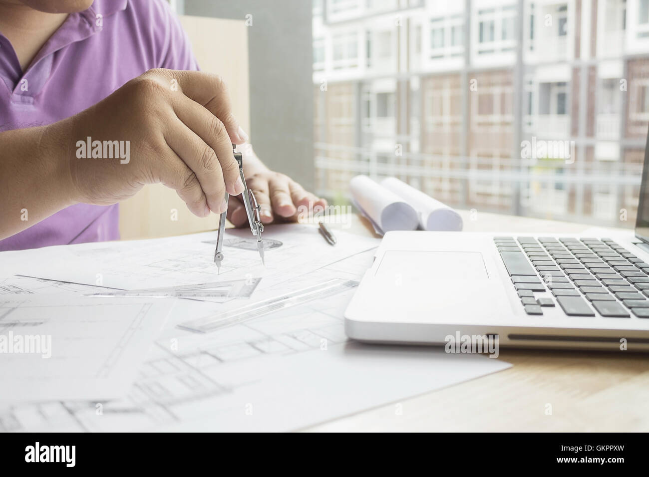 Engineer, project, working, engineering, tools, workplace, document, architectural, blueprint, paperwork, interaction, holding Stock Photo