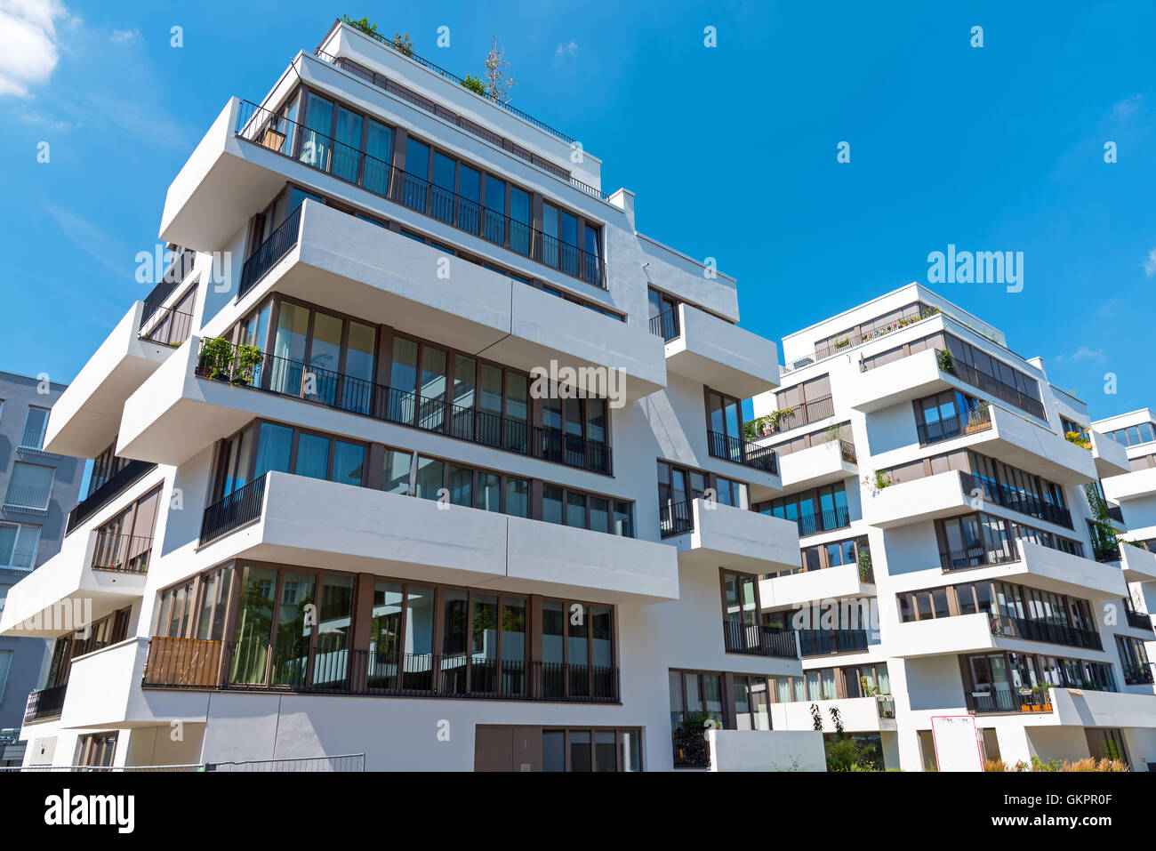 Modern townhouse with many balconies seen in Berlin, Germany Stock ...