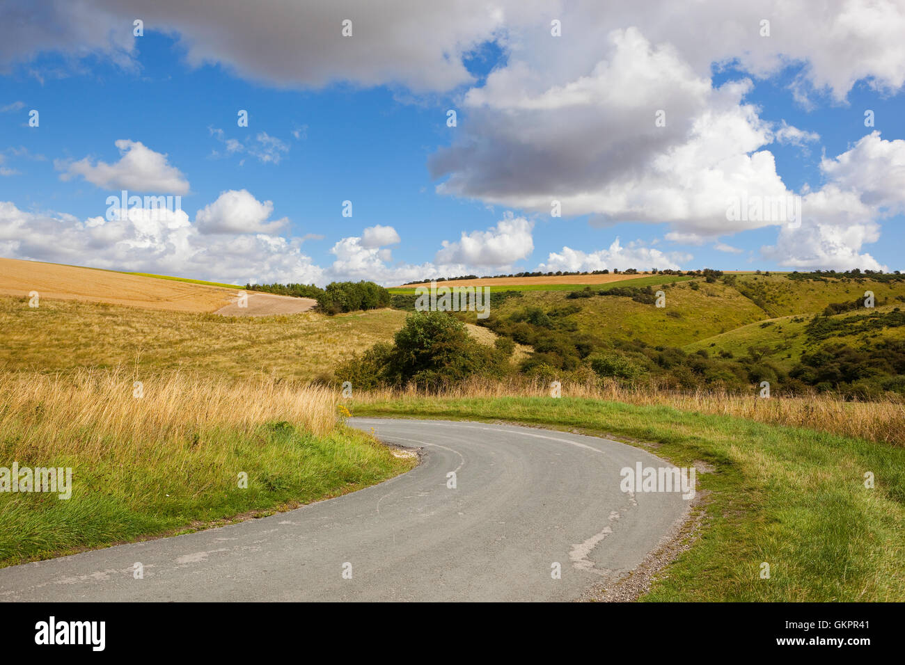 Winding country road through the scenic hillsides of Millington pastures on the Yorkshire wolds in summertime. Stock Photo
