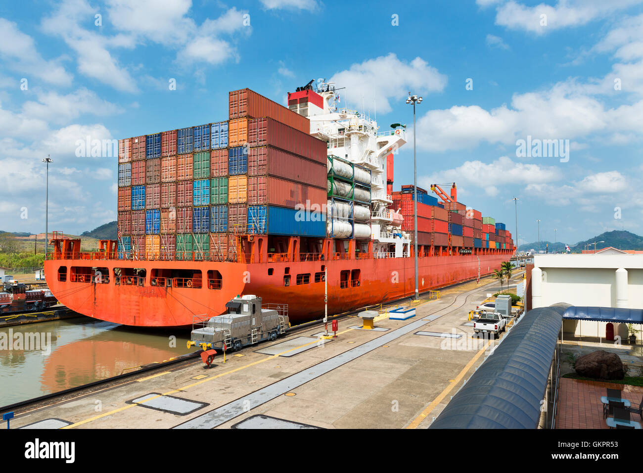 Panama Canal, Panama - March 17, 2014: A cargo ship in the Miraflores ...