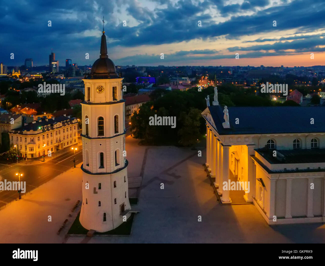 Aerial top night view of Vilnius, Lithuania: the cathedral Stock Photo