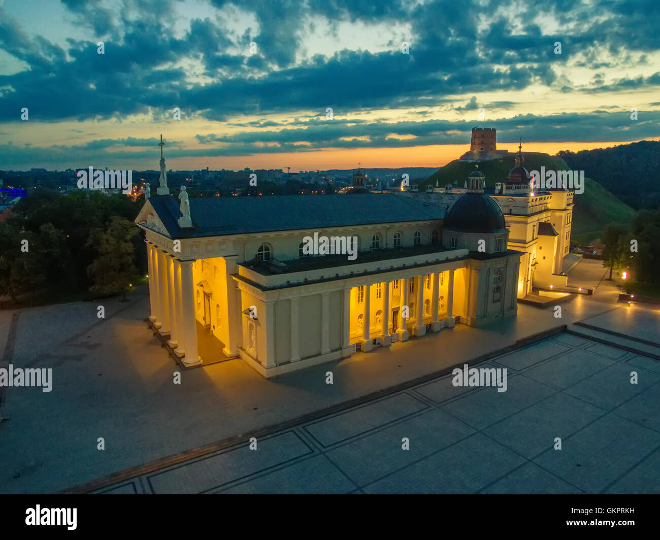 Aerial top night view of Vilnius, Lithuania: cathedral, Upper Castle Stock Photo