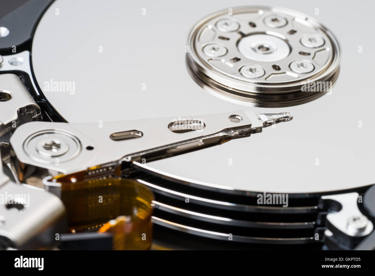 Detailed view of the inside of a hard disk drive, close-up Stock Photo