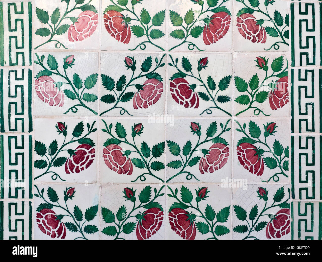 Detail of traditional decorative tiles covering many external walls in