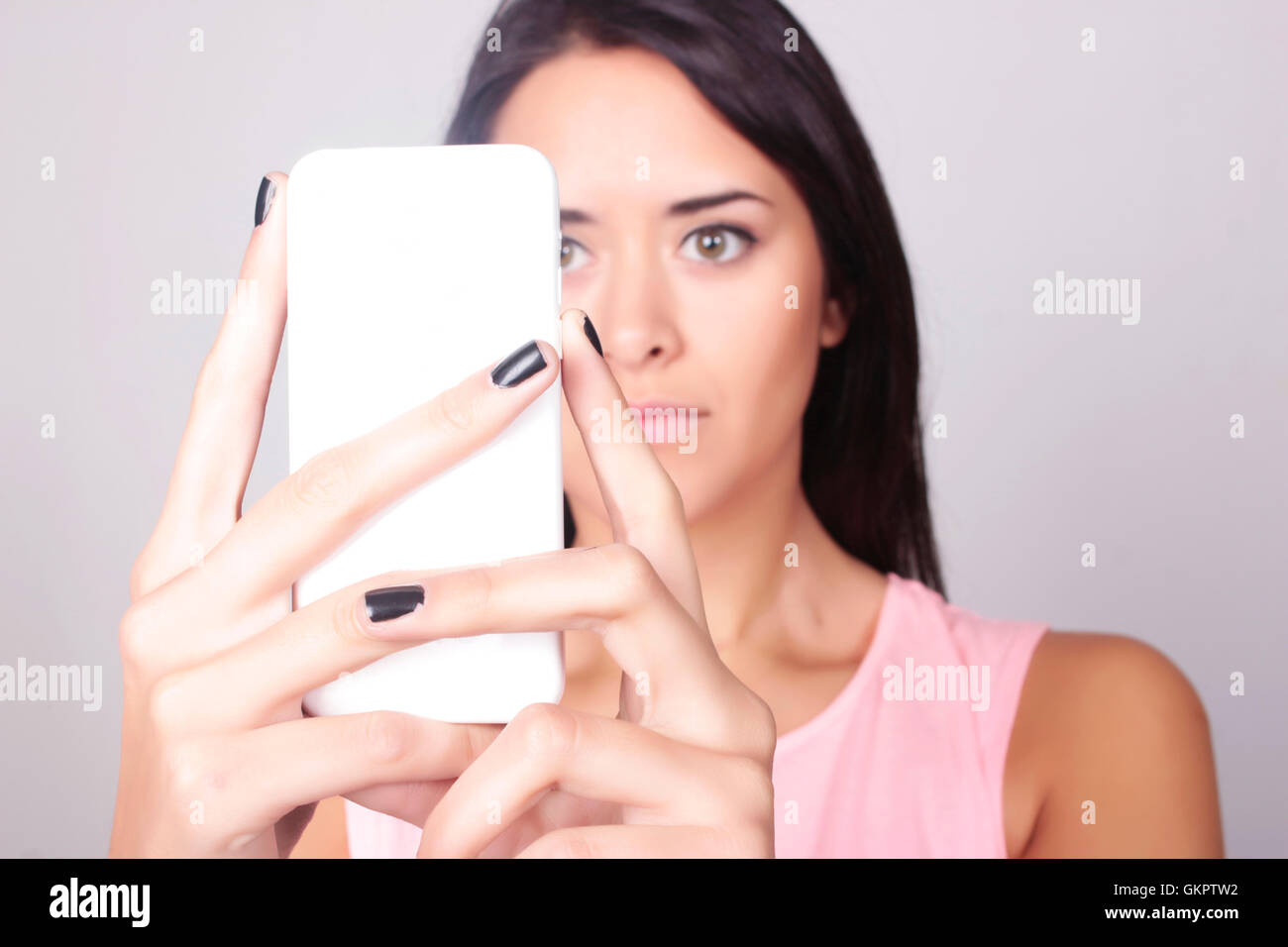 Closeup portrait of stylish woman taking a selfie. Young caucasian ...