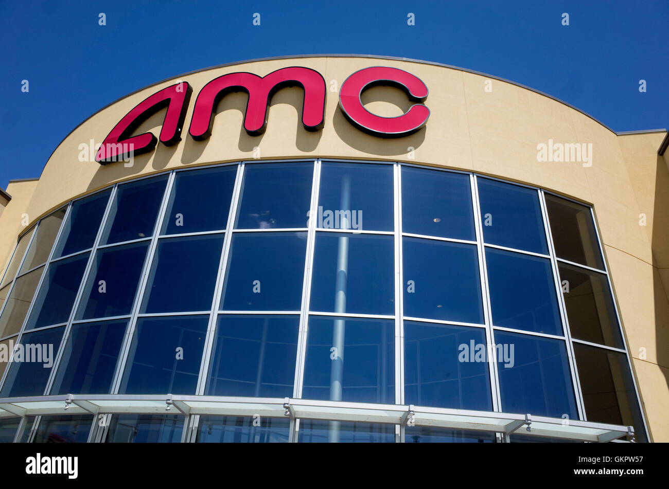AMC theater marquee in bright red letters. Roseville Minnesota MN USA Stock Photo