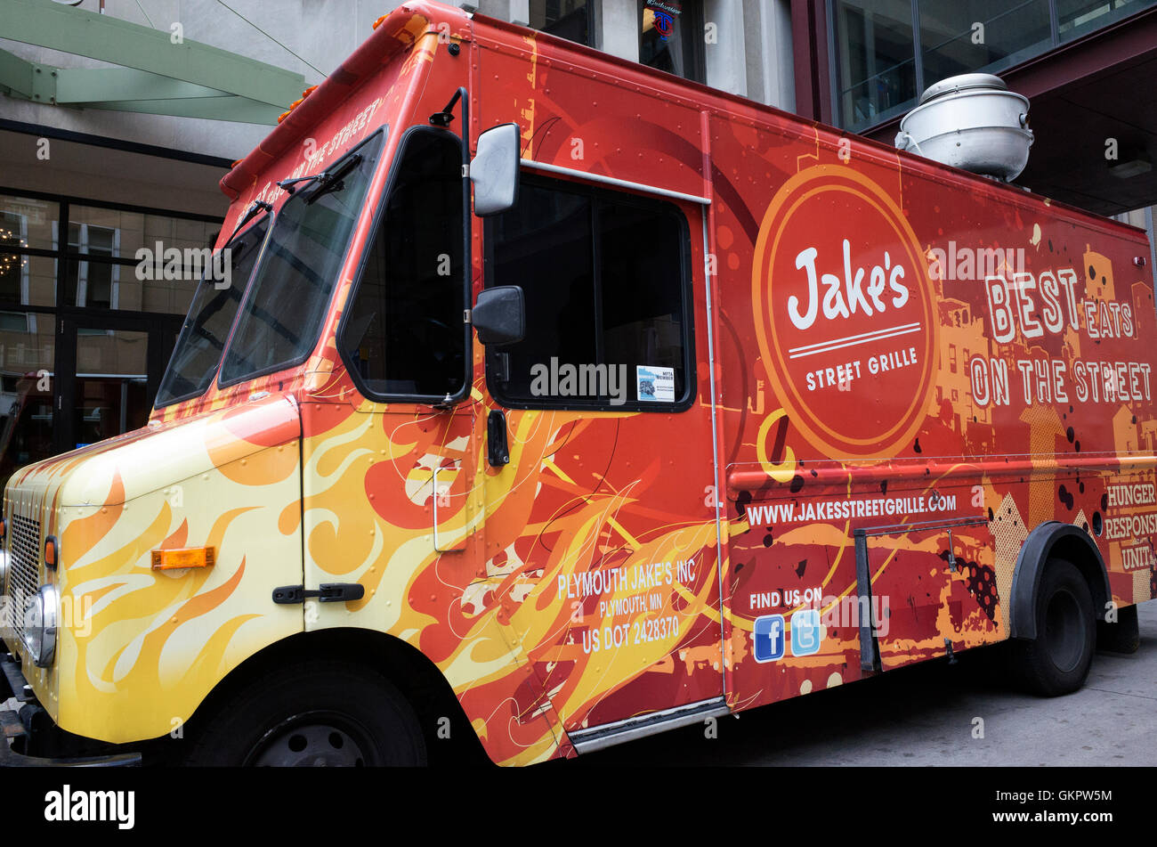 Jake's Street Grille mobile street food truck serving burgers, sandwiches, tacos, wings and more. Minneapolis Minnesota MN USA Stock Photo