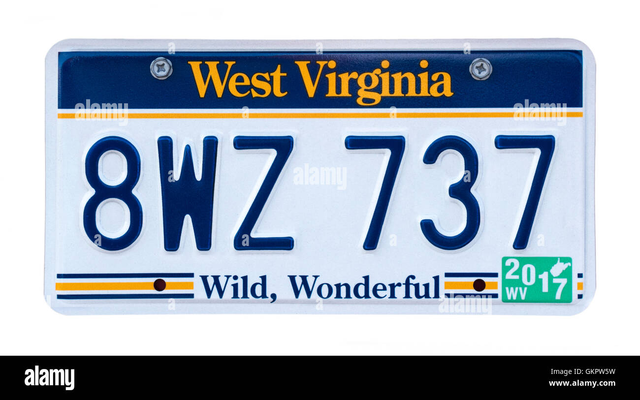 West Virginia license plate; vehicle registration number. West Virginia WV 'Wild Wonderful' number plate. Stock Photo