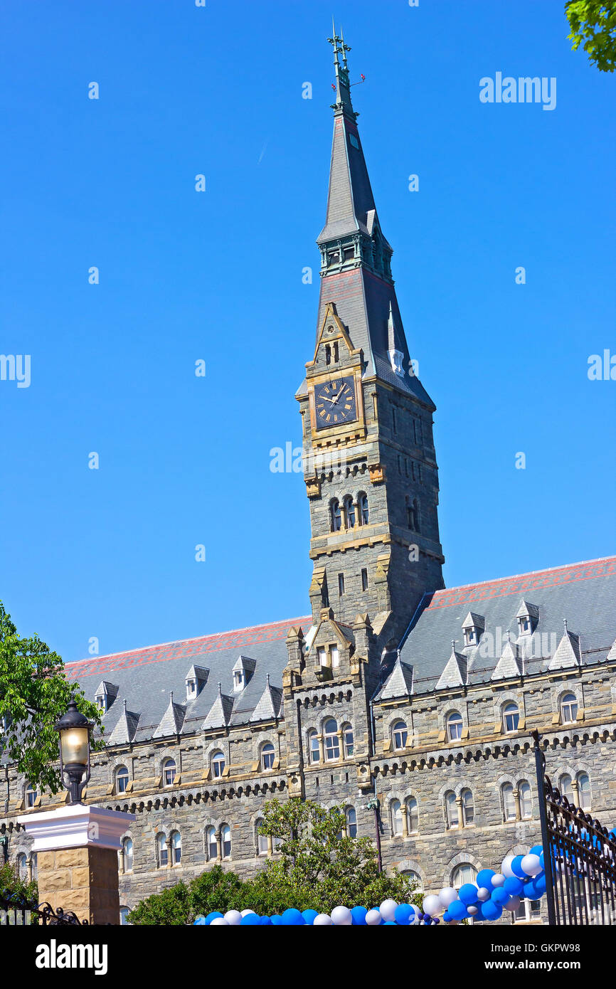 Clock Tower of Healy Hall Building at Georgetown University in the morning. Stock Photo