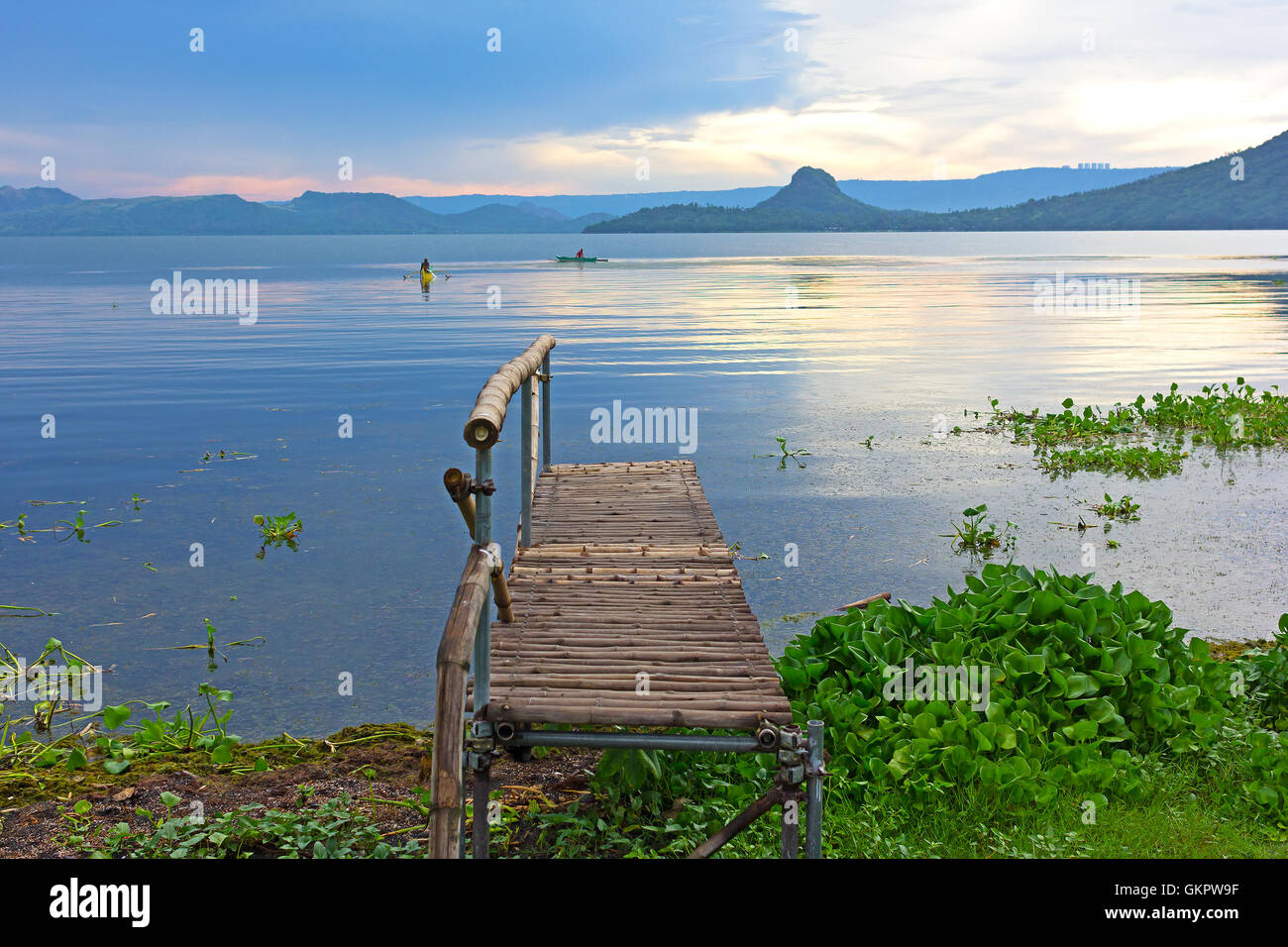 Fishermen boats on the lake Taal at sunrise, Philippines. Stock Photo