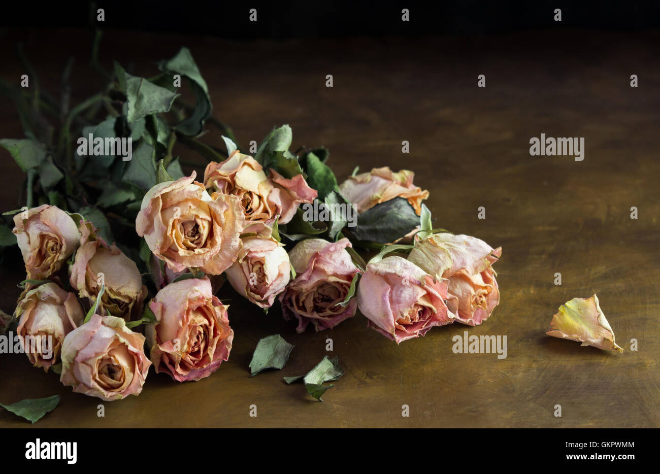Photo of dried pink roses on dark brown background Stock Photo - Alamy