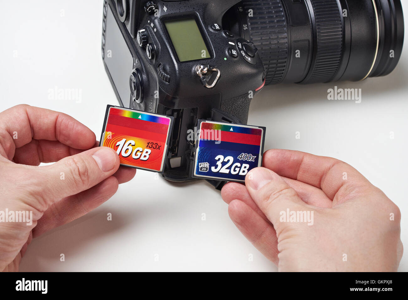 Flash cards CF and DSLR camera closeup Stock Photo Alamy