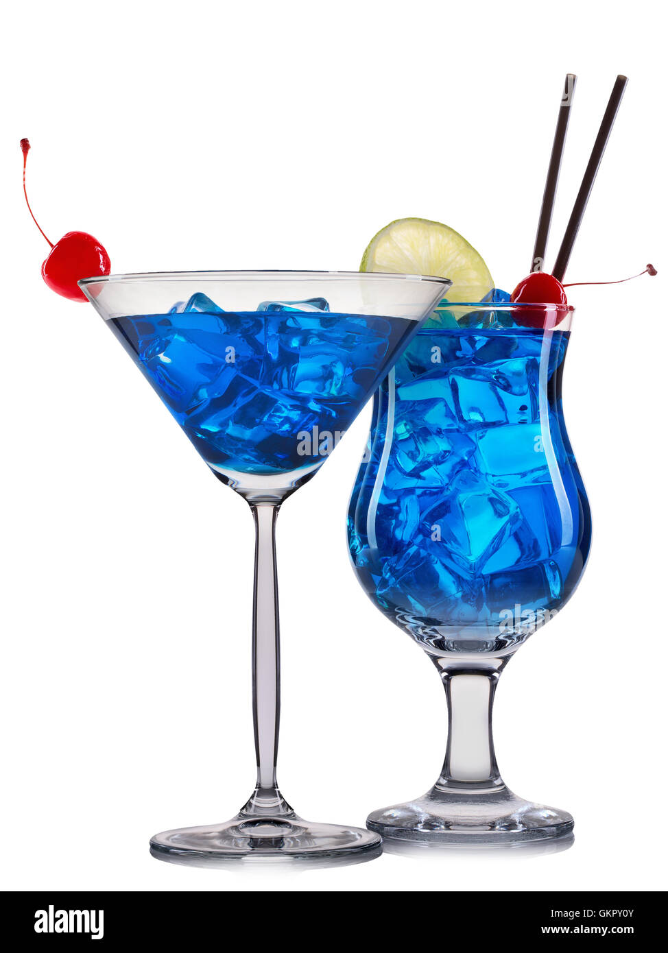 Set blue cocktails with fruits isolated on white Stock Photo