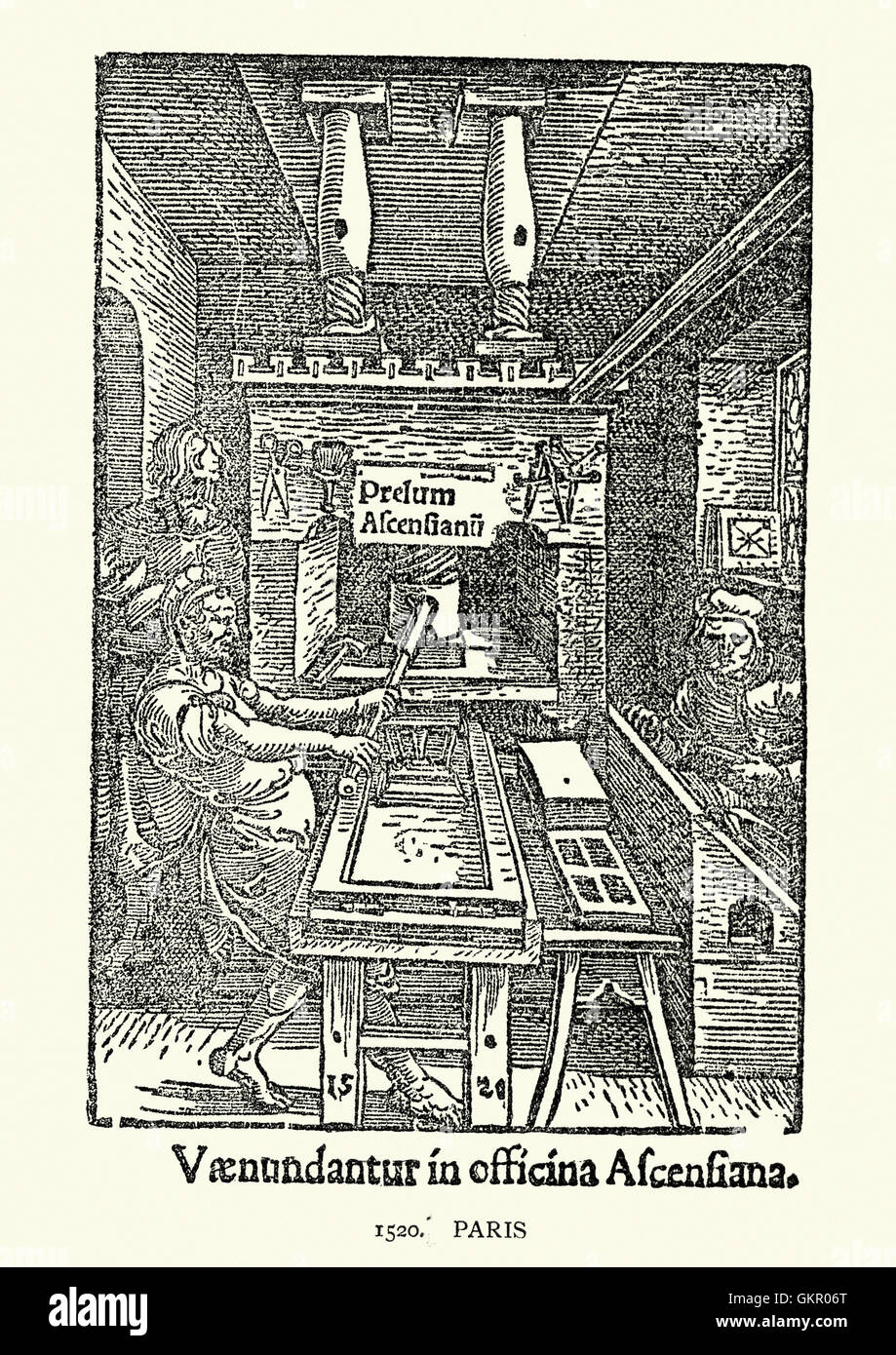 Early french woodcut of a man using a printing press, Paris, c. 1520