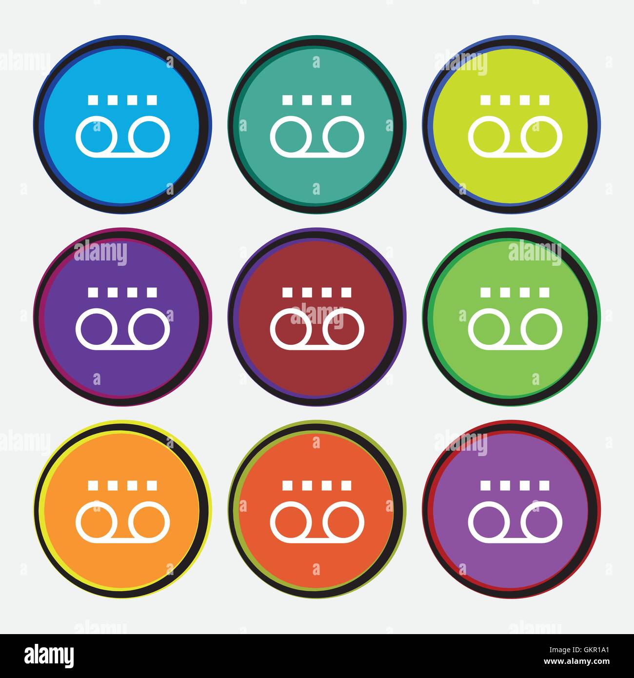 audio cassette icon sign. Nine multi colored round buttons. Vector ...