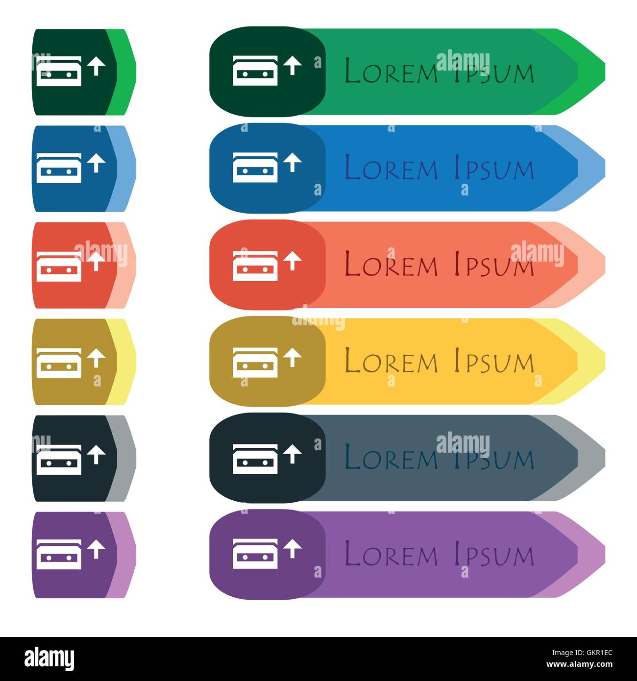 audio cassette icon sign. Set of colorful, bright long buttons with ...
