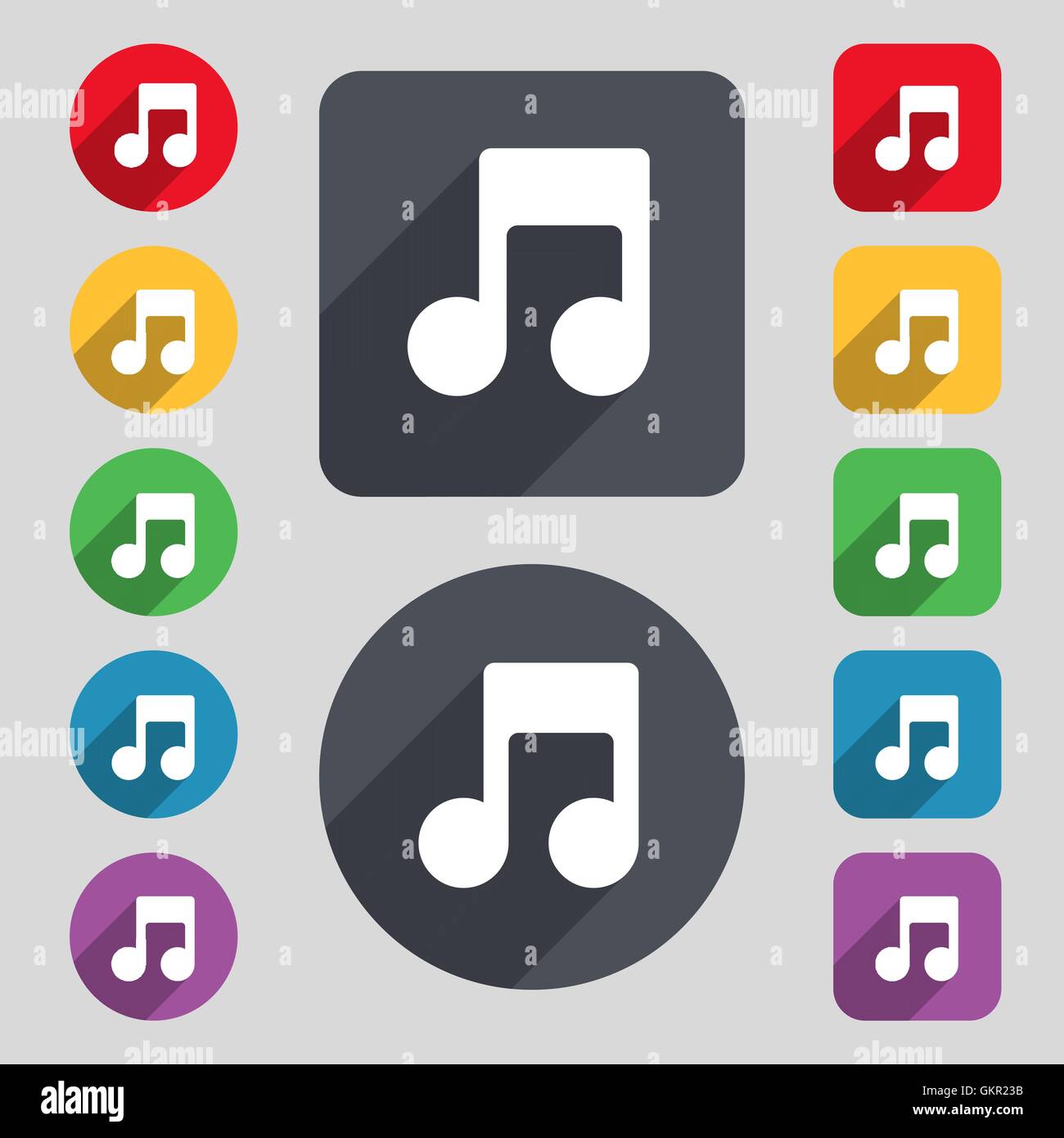 Music note icon sign. A set of 12 colored buttons and a long shadow ...