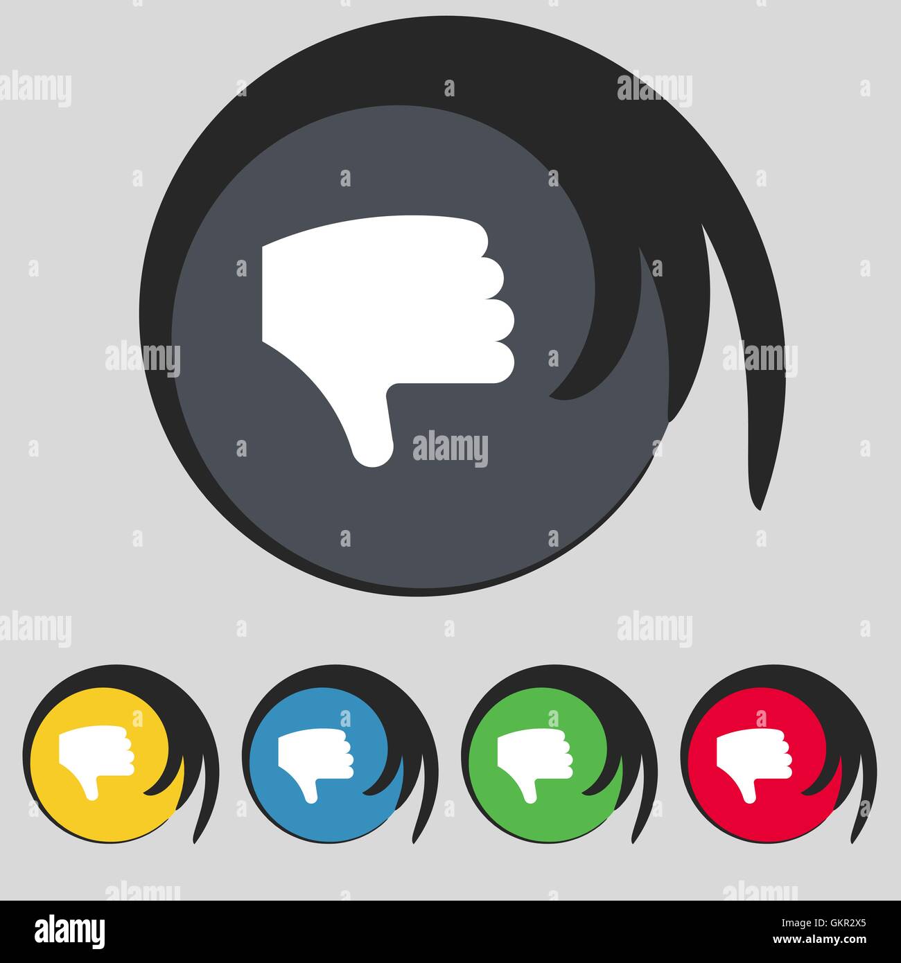 Dislike, Thumb down, Hand finger down icon sign. Symbol on five colored ...