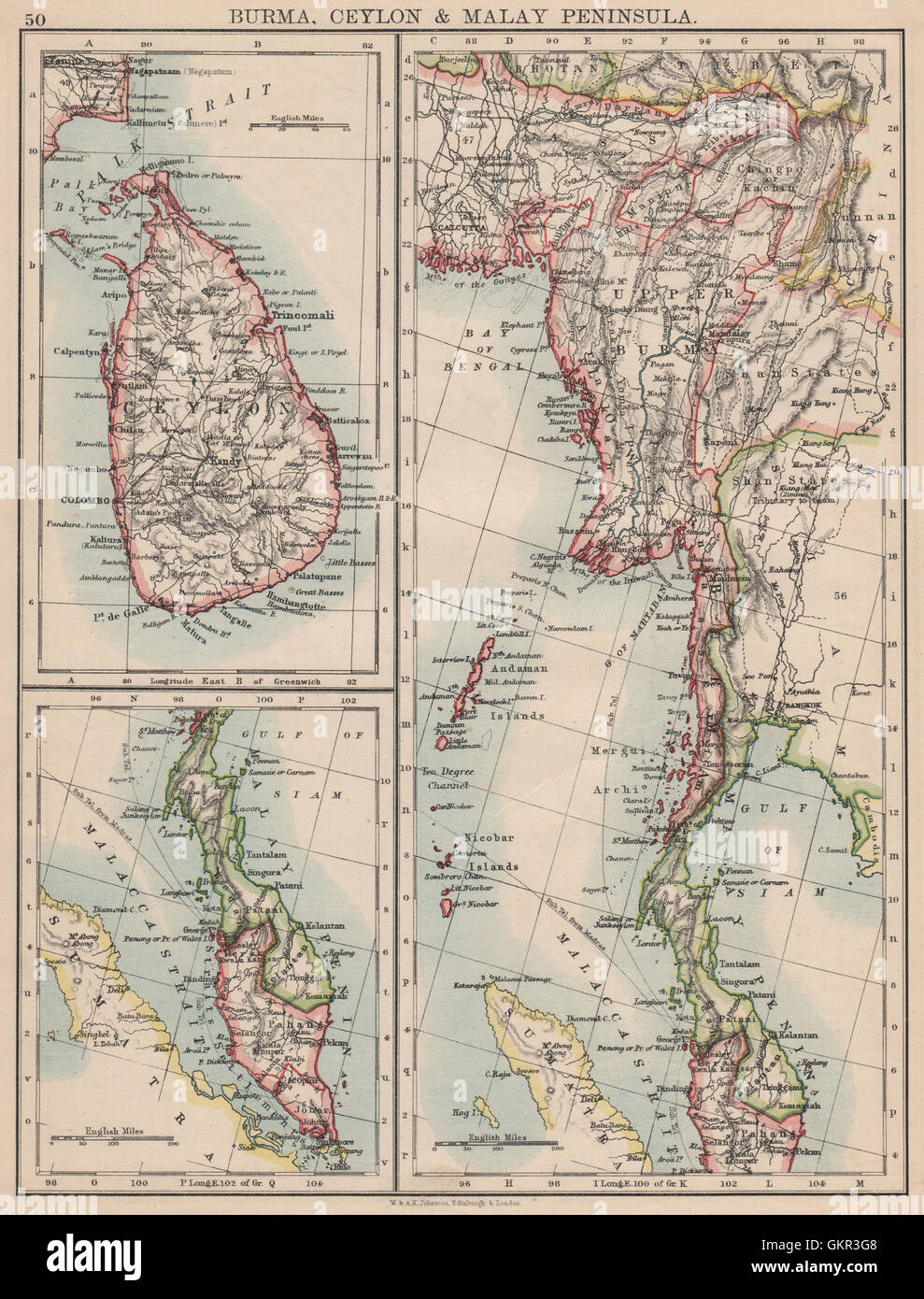 BURMA CEYLON SIAM MALAY PENINSULA. Assam Singapore Thailand, 1895 antique map Stock Photo