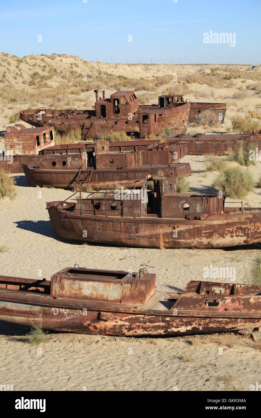 Rusted ships on the former seabed of Aral Sea near Moynaq, Uzbekistan. Stock Photo