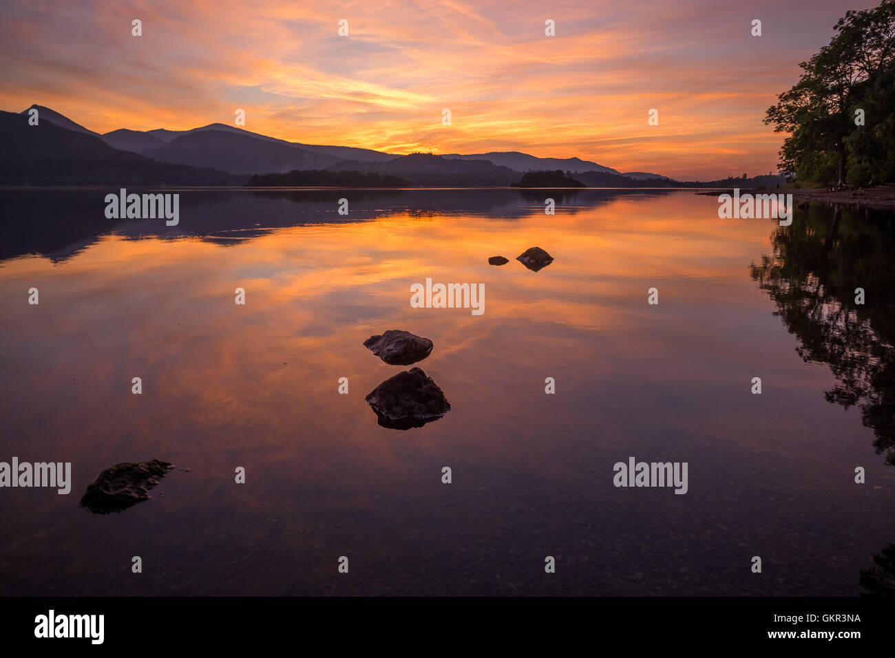 Derwent Water at sunset, Lake District Stock Photo